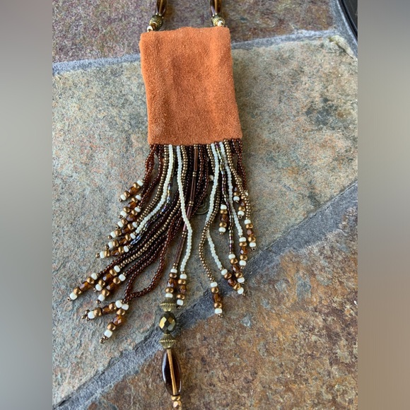 Native American Deerskin Leather Bead & Ivory  Fringed Pouch Bag Necklace - Picture 13 of 13